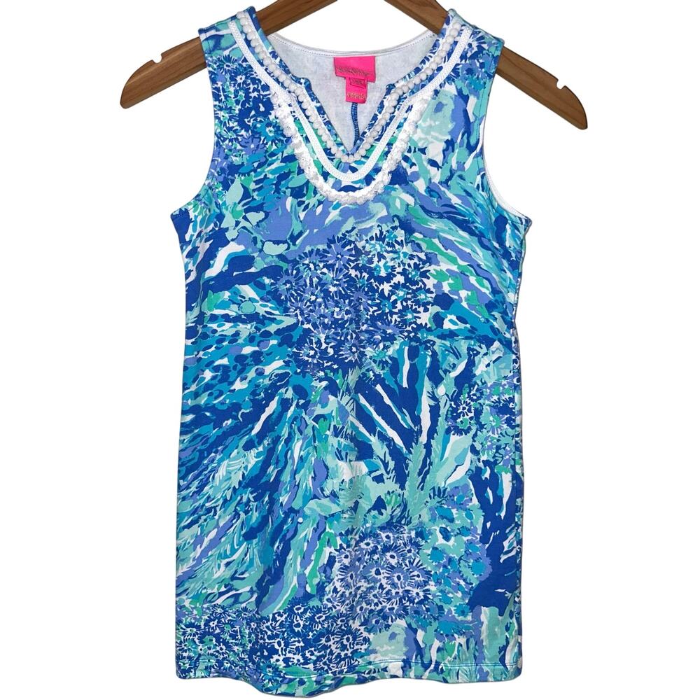 Lilly Pulitzer Girls Mini Harper Shift Dress Blue Haven Hey Hey Soleil L 8-10